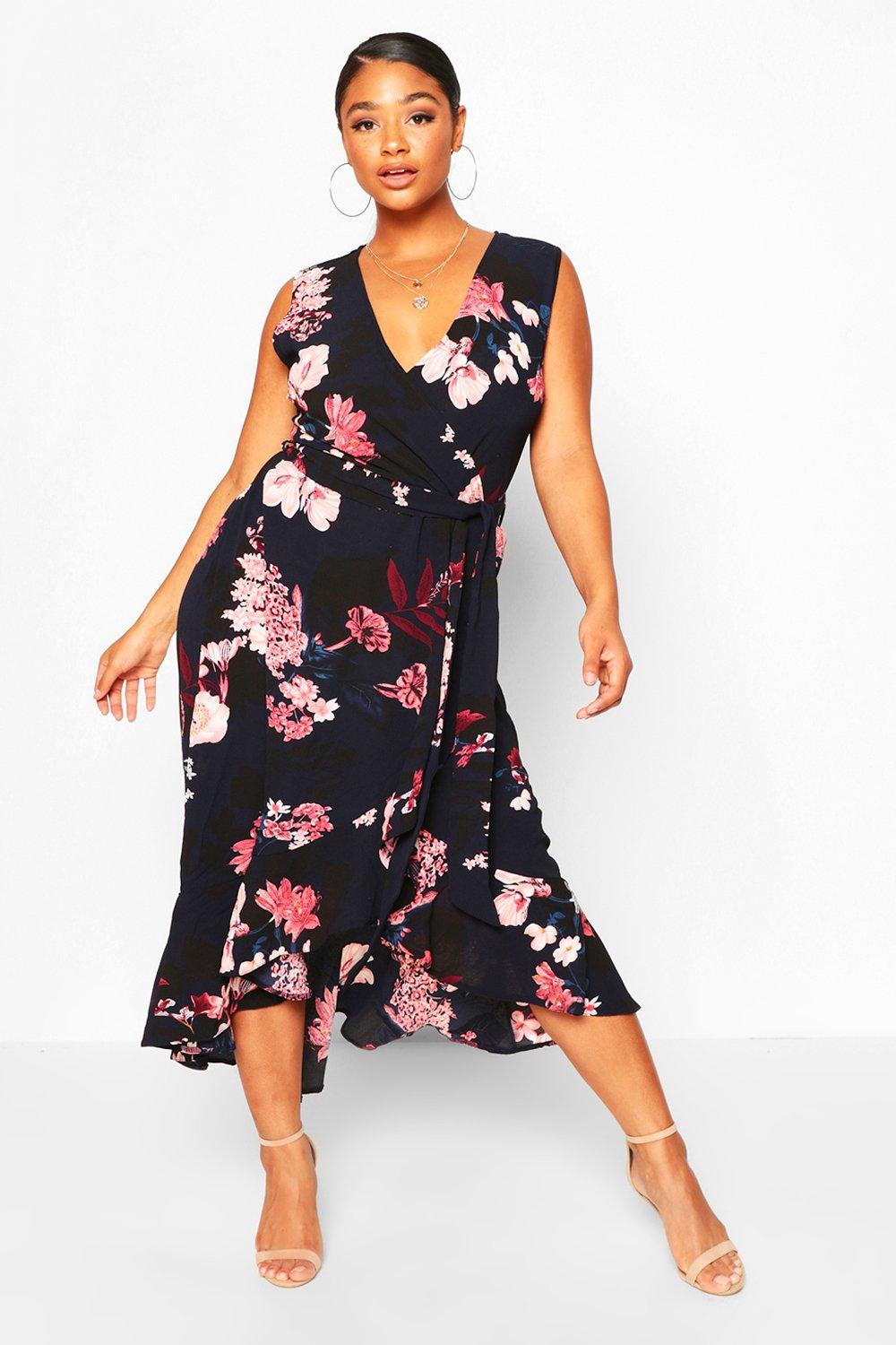 Plus Floral Ruffle Wrap Midi Dress | boohoo